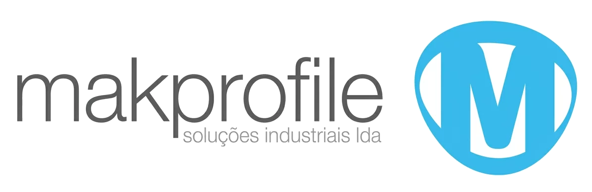Logótipo Makprofile com o monograma M em azul e a assinatura soluções industriais lda
