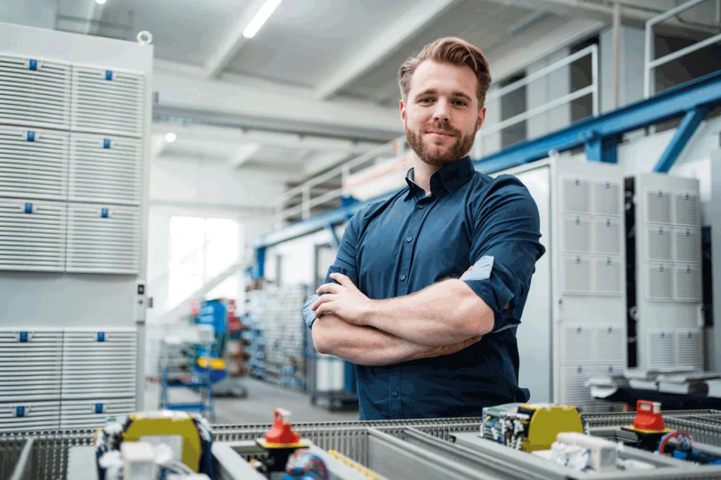 Técnico de camisa azul, de braços cruzados, numa fábrica com quadros elétricos e bancadas de montagem