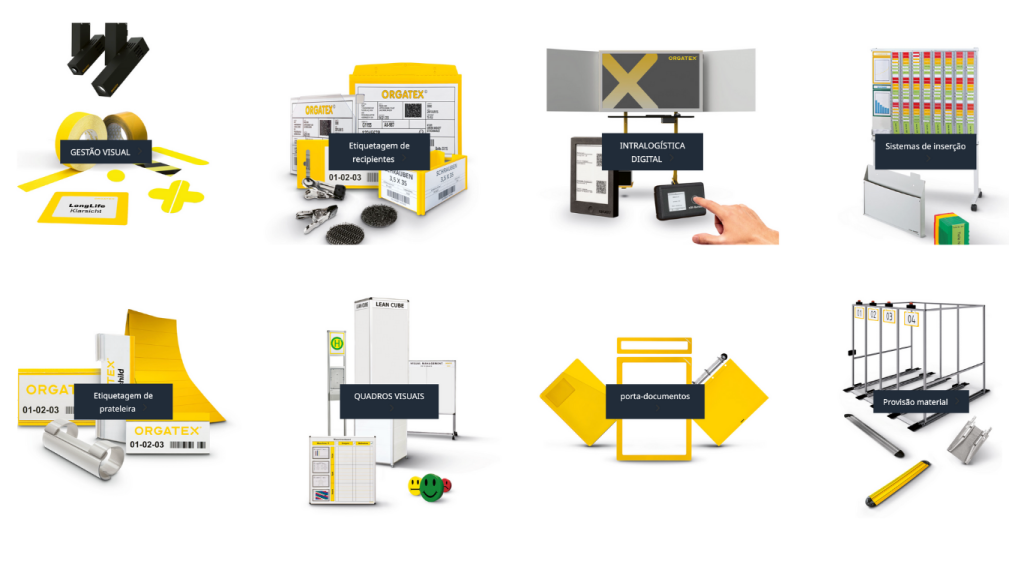 Produtos Orgatex de gestão visual: fitas de marcação de solo, bolsas, quadros e porta-etiquetas