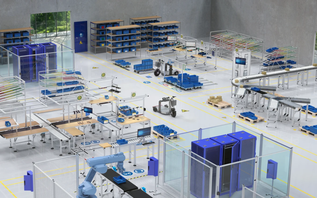 Maquete 3D de uma fábrica com postos de trabalho, carrinhos logísticos e transportadores em fluxo Lean