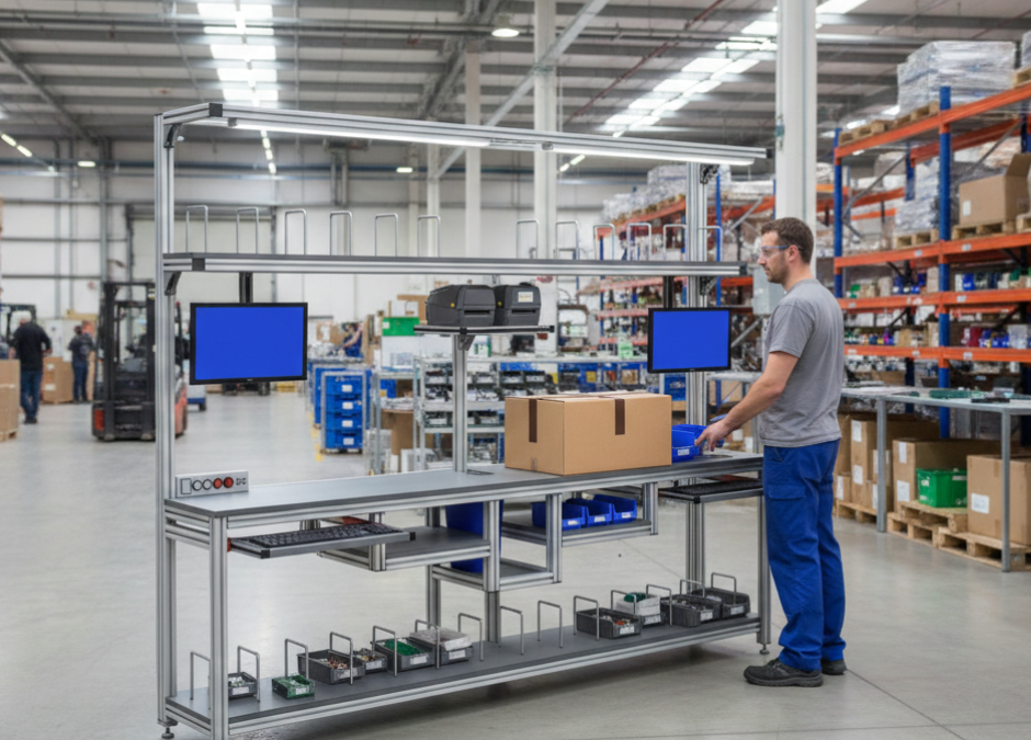 Operador a embalar num posto de trabalho em perfil de alumínio com dois ecrãs, numa nave com racks de paletes