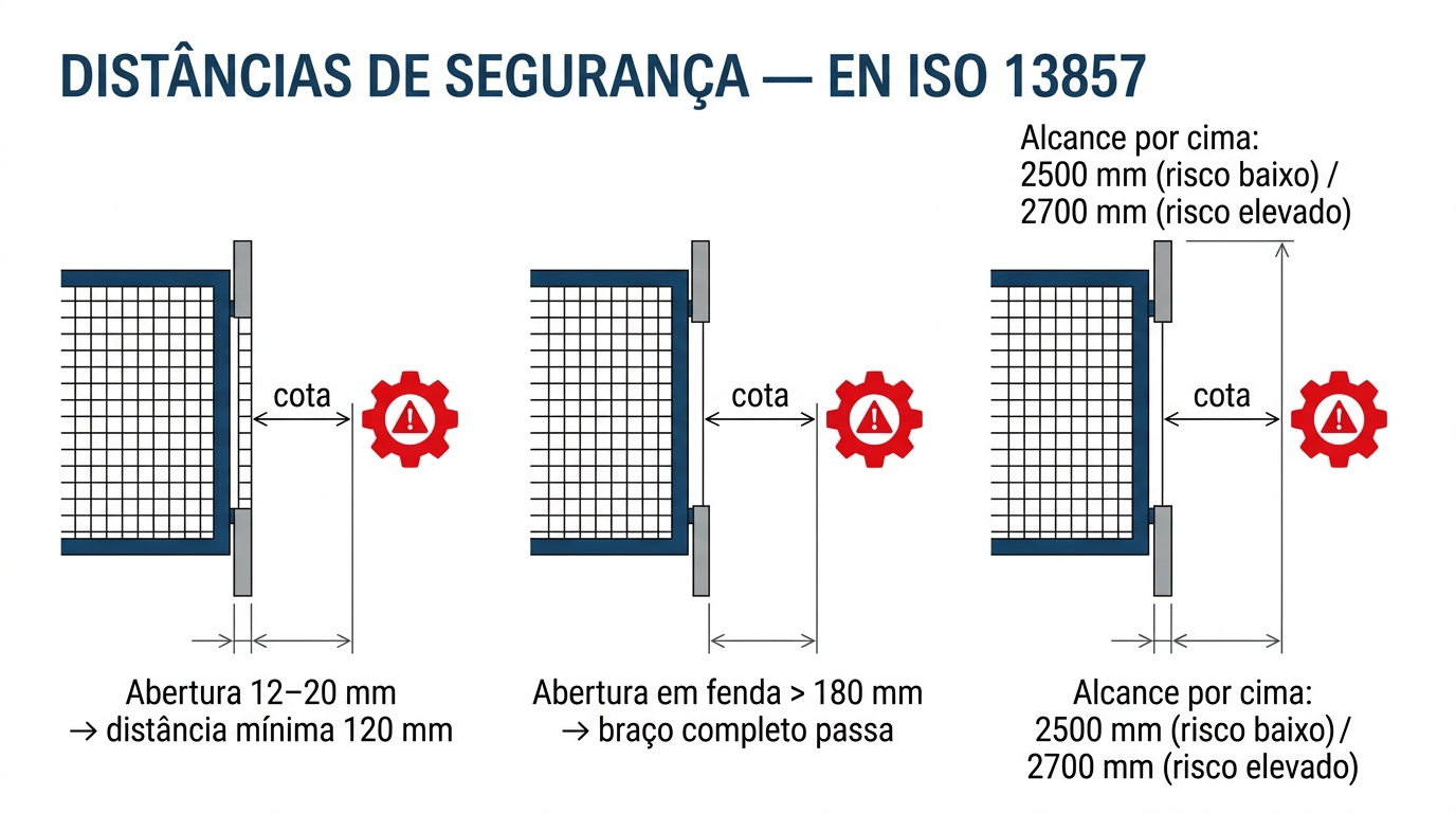 Infografia das distâncias de segurança da norma EN ISO 13857 com aberturas de rede e alcances de braço