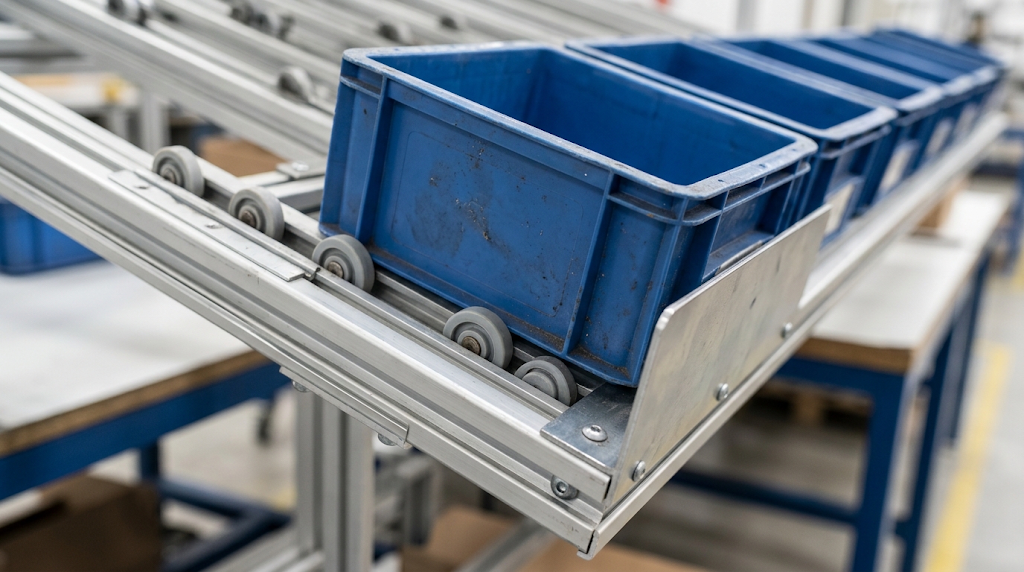 Detalhe de minicarril com caixa plástica azul encostada ao batente frontal de um flow rack em perfil de alumínio