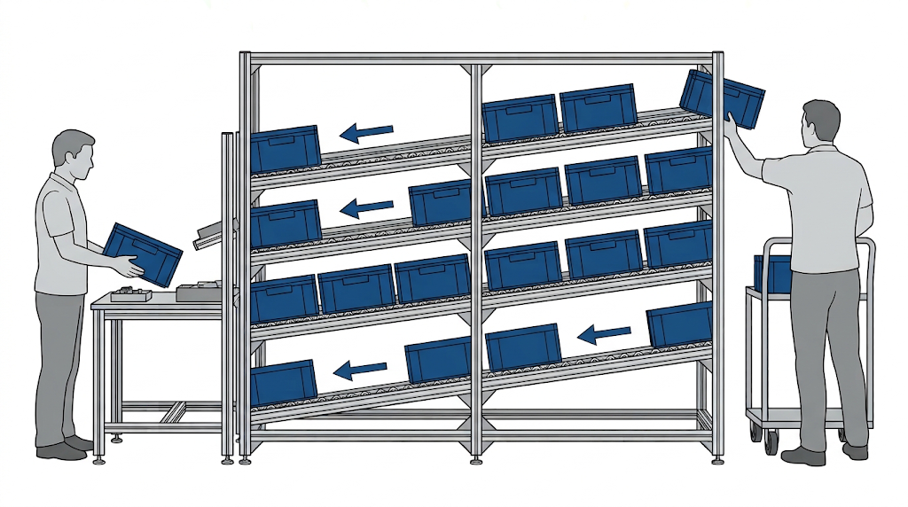 Esquema de flow rack com reposição de caixas pela traseira e recolha pela frente no posto de montagem