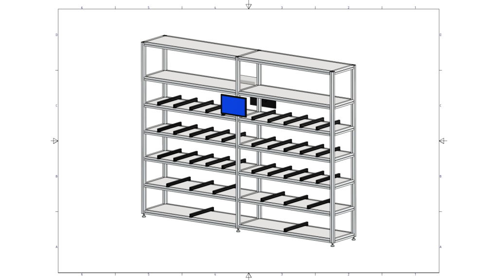 Desenho técnico 3D de um rack dinâmico de dois módulos com pistas inclinadas e monitor integrado