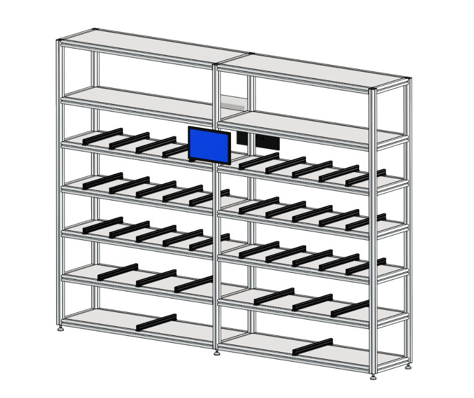 Modelo 3D de rack dinâmico de dois módulos com pistas inclinadas de rolos e ecrã de apoio ao posto